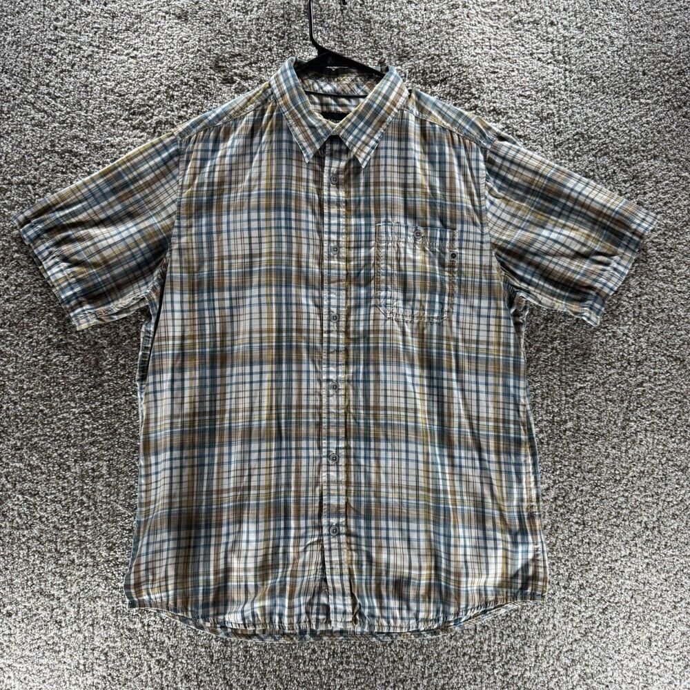 Marmot Shirt Mens Large Plaid Short Sleeve Button Up Blue Orange Casual Nylon